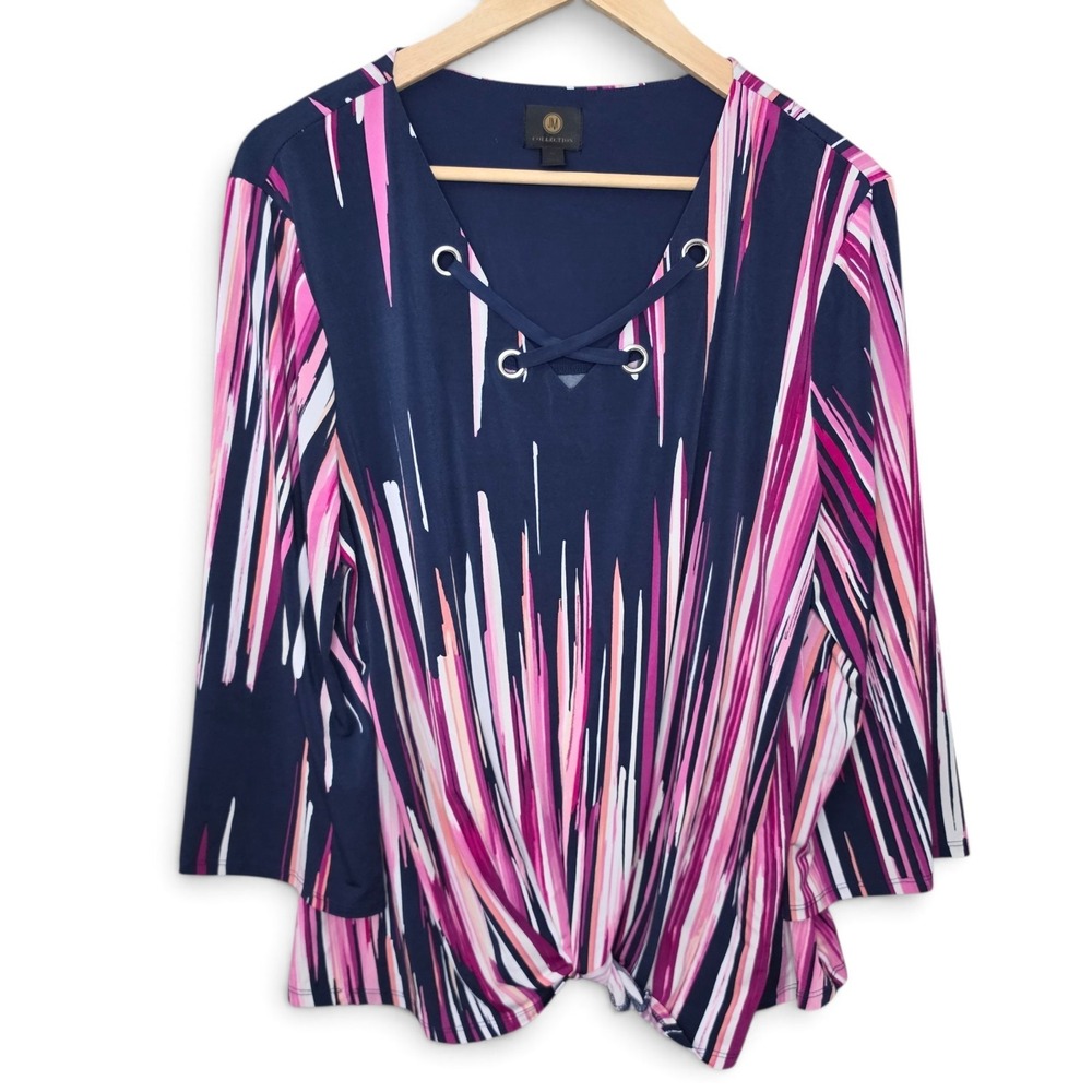 JM Collection Blouse XL Womens Navy Pink Abstract Print 3/4 Sleeve Lace Up Top